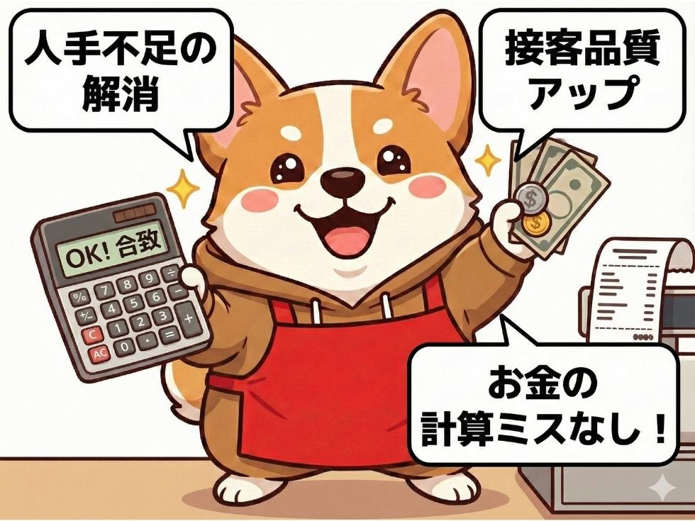 売上計算をする柴犬 売上集計 閉店後の締め処理 正確で時間短縮
