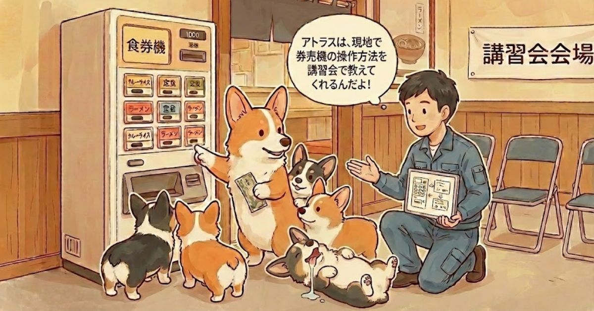 券売機の講習会を受けてる当社のマスコットキャラ　マルちゃんと子犬たち