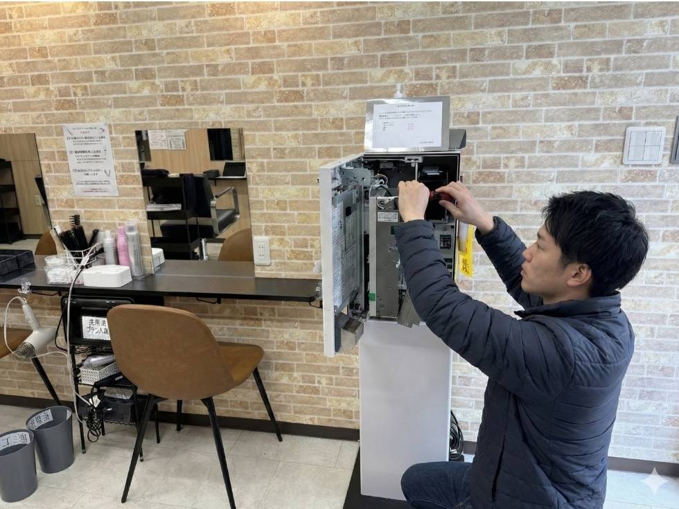 東京都江戸川区西小岩3丁目の白髪染め専門店「かみ染め」様で、券売機の修理をするアトラスのスタッフ