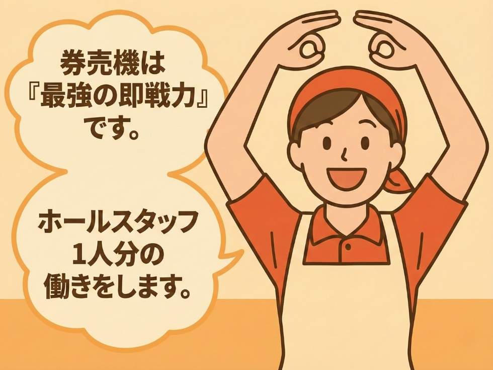 券売機のメリットをワンフレーズで説明したイラスト