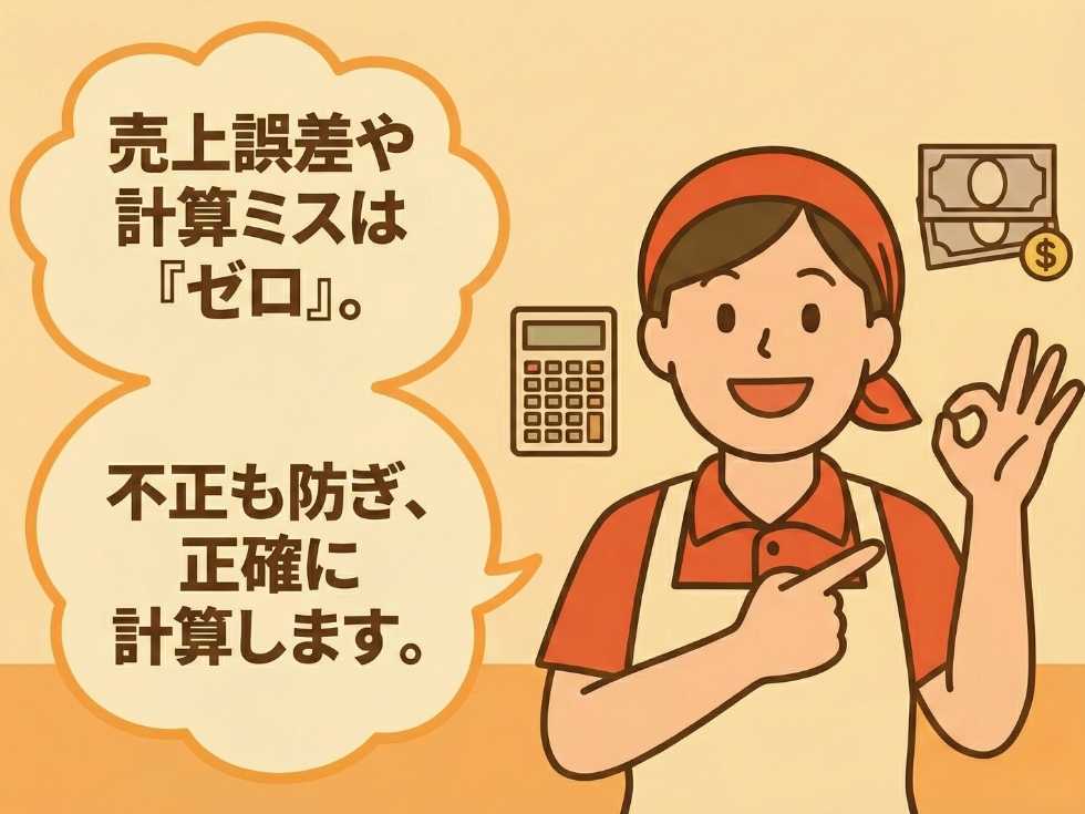 券売機のメリットをイラストで表現「金銭事故0」