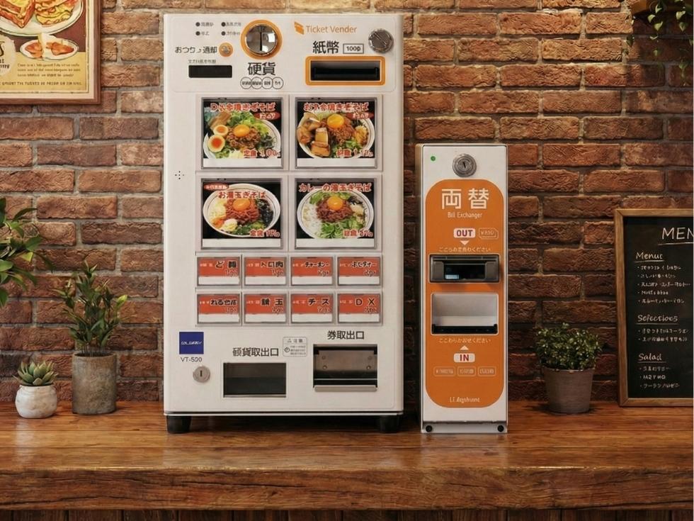 エルシーアプライアンスの両替機・STREX55とグローリーの券売機VT-S20をカウンター置きで使用