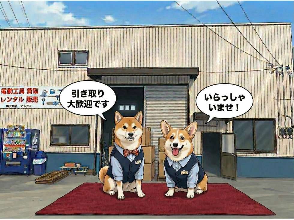 アトラスキャラクターのハナとマル 引き取り客を倉庫前でお出迎え