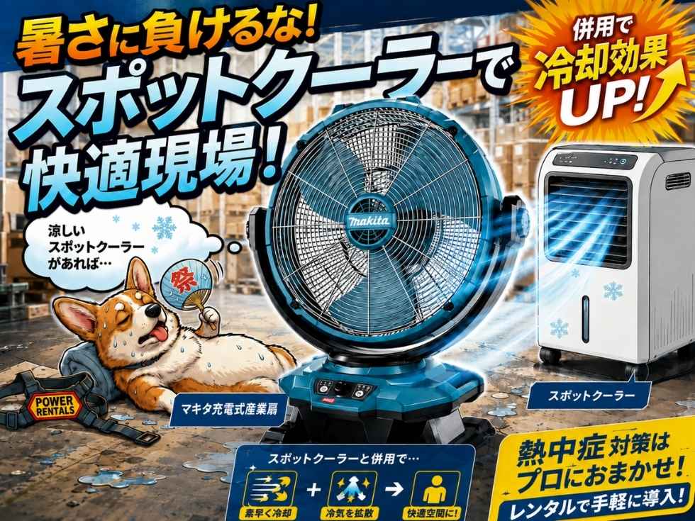 マキタ充電式産業扇のレンタル スポットクーラーと併用することにより、暑さ対策の効果アップ
