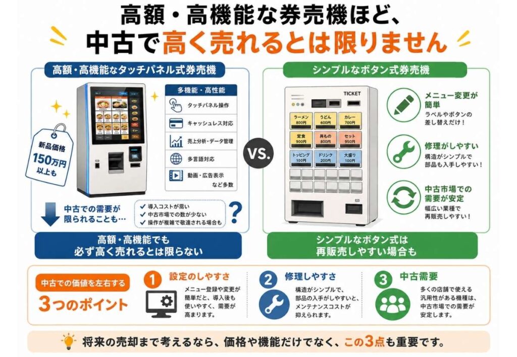 中古券売機は高機能機よりもシンプルなボタン式の方が再販売しやすい場合があることを説明するイラスト