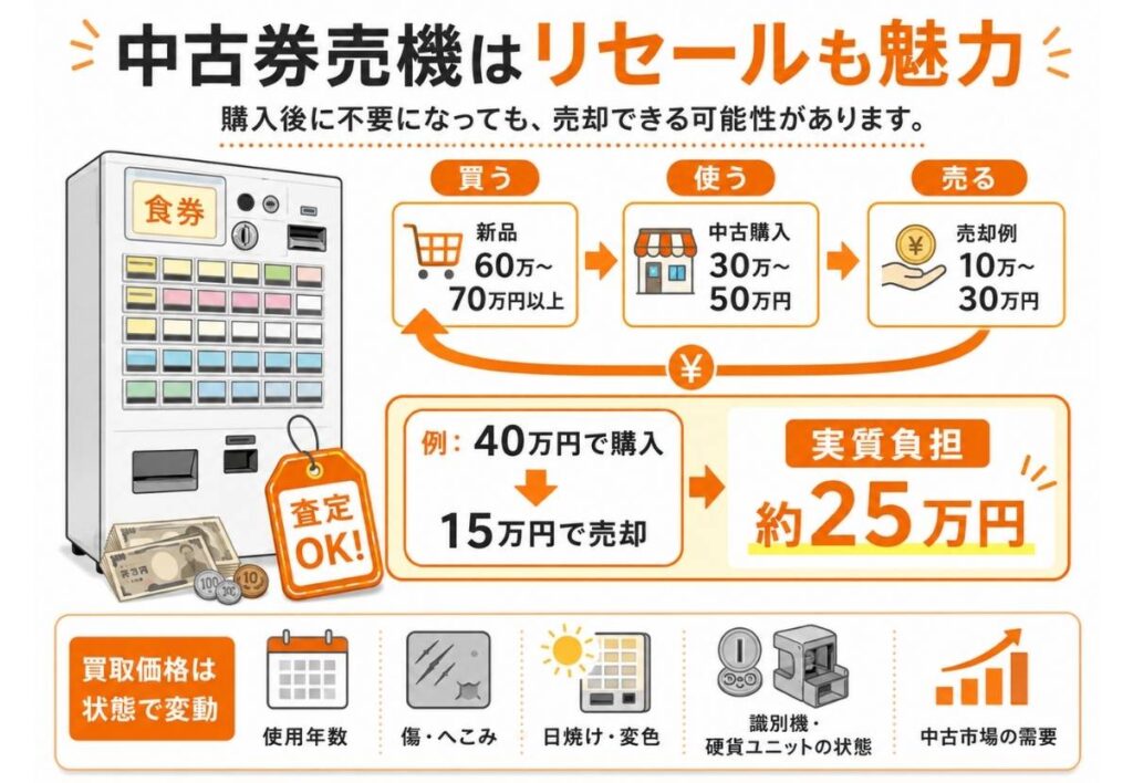 中古券売機は購入後の売却まで含めてコストを考えられることを説明する図解