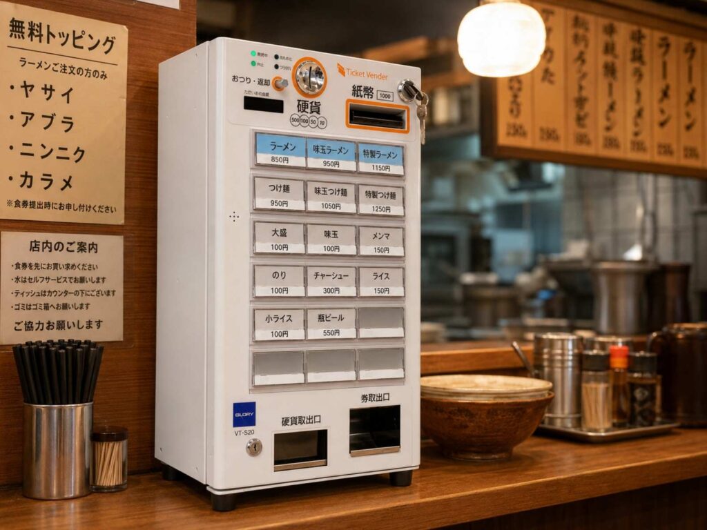 ラーメン店のカウンターに卓上券売機を設置した様子