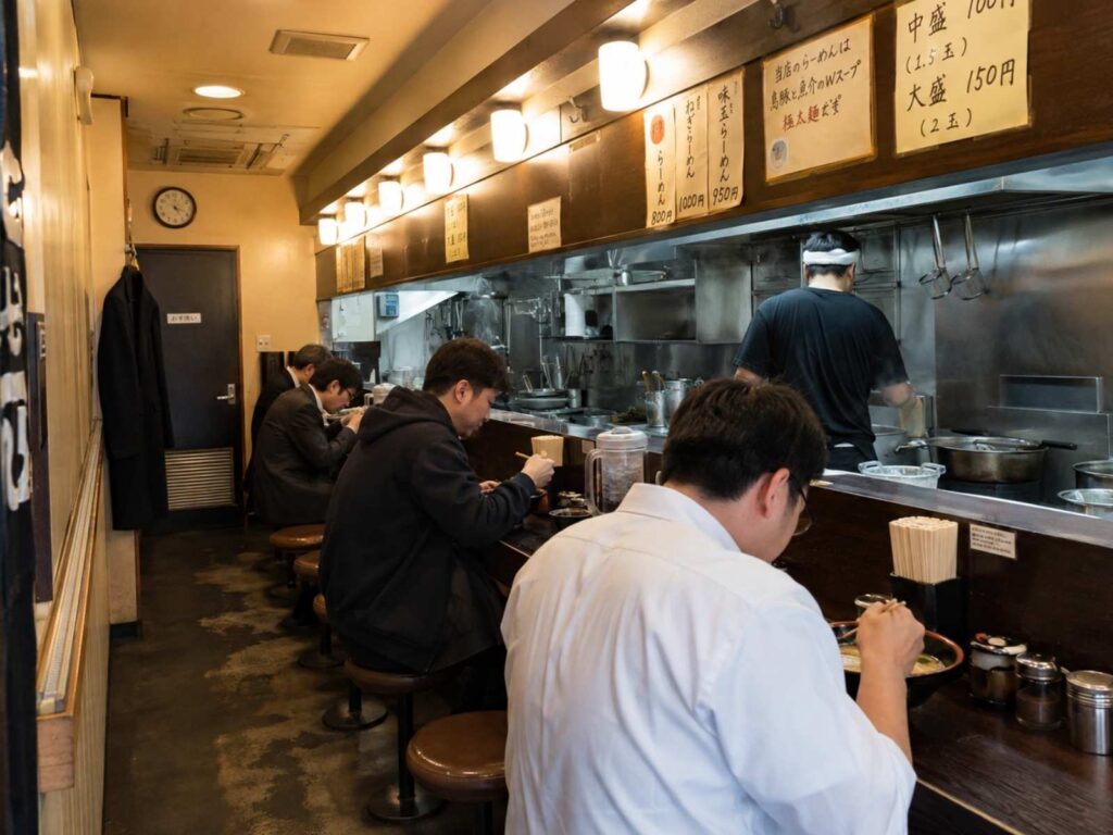 ラーメン店のカウンター席でお客様がラーメンを食べている様子