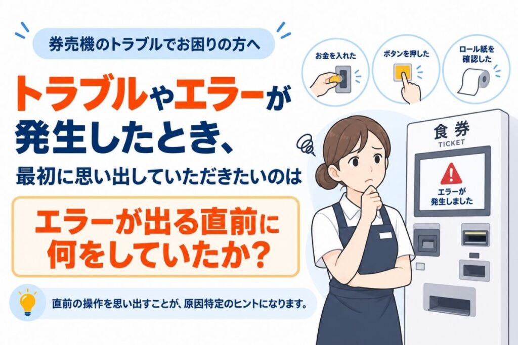 券売機のトラブルやエラー発生時に直前の操作確認が重要であることを説明するイラスト